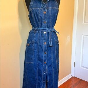 Denim Halter Midi Dress Button Front Tie Belt – 14 NWT